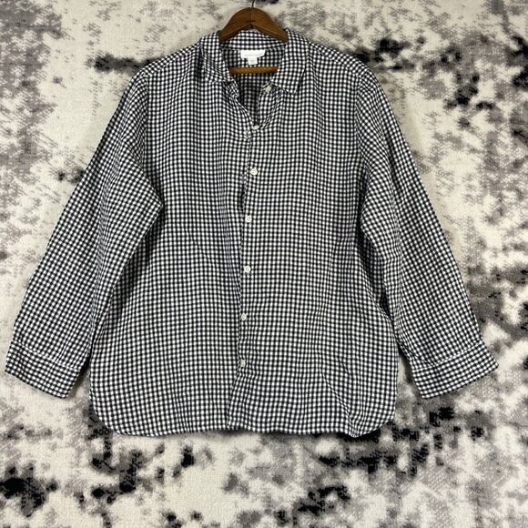 J Jill Love Linen Shirt Womens Size PL Black White Gingham 100% Linen Button Up‎ - Picture 1 of 12